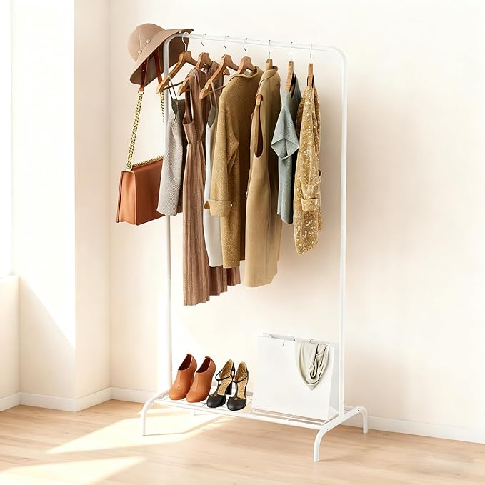 White Clothing Rack, Modern 45" Height Garment Rack for Small Spaces, Stable Standing Clothes Organizer with Bottom Shelf, Portable Rack for Dorm, Apartment & Studio, 92LBS Max Capacity