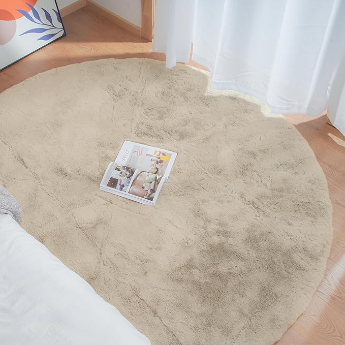 Light Brown Beige Washable Shaggy Round Rug 5ft Faux Rabbit Fur Rugs for Living Room Circle Nursery Rug for Bedroom Girl Room Décor