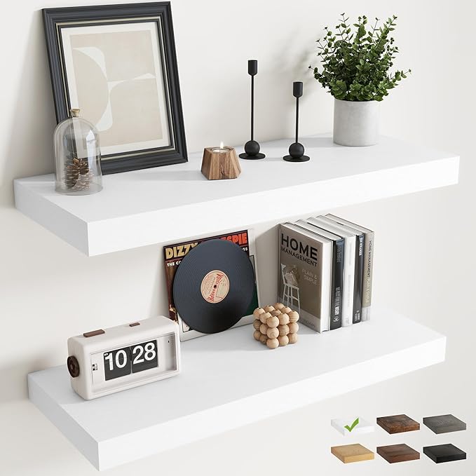 36 Inch Floating Shelves for Wall Set of 2, 12"D Wood Grain Bathroom Shelves with Invisible Brackets, Easy Install Engineered Wood Storage Shelves for Kitchen, Living Room, Bedroom, White Finish