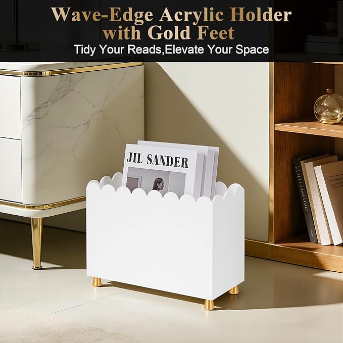 Acrylic Magazine Holder, Magazine Rack Floor,Sleek White Stylish Organizer with Luxe Gold Metal Feet and Wave Edge Design Space Saving Storage for Books Newspapers Office Supplies,Home Office(White)