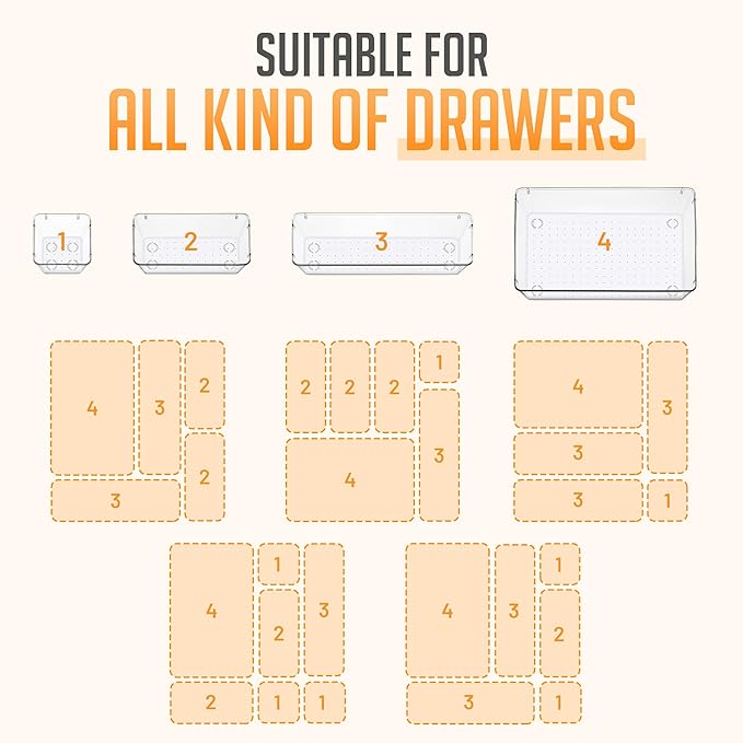 Masirs Clear Drawer Organizers Set 25 PCS – Plastic Storage Bins for Desk, Kitchen, Bathroom, Vanity – Modular, Stackable, Non-Slip Drawer Organizer Trays for Makeup, Utensils, Office Supplies