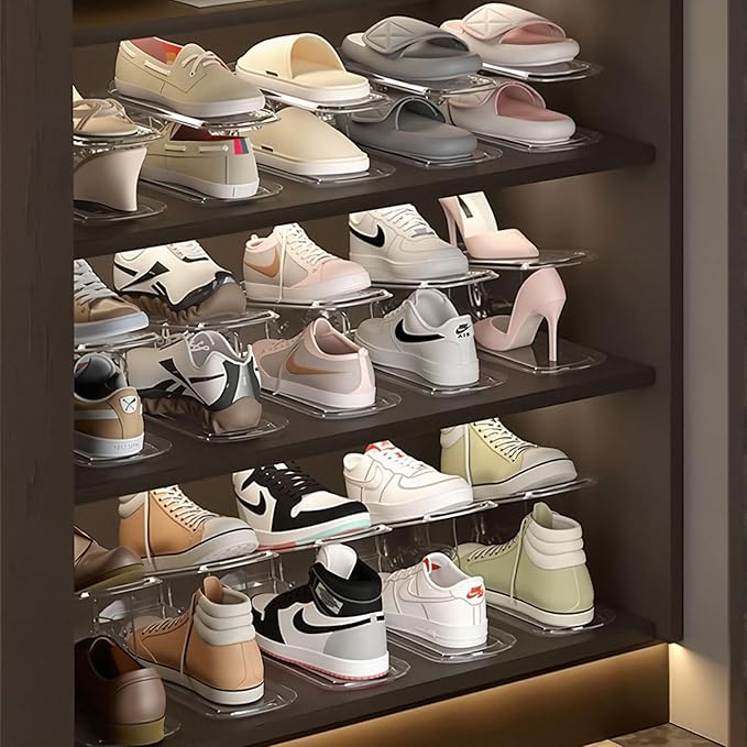 6Pack Shoe Slots Organizer and 6Pcs Shoe Storage Bags Set, Adjustable Double Layer Stack Shoe Space Saver Holder, 50% Space-Saving White Plastic Thickening Shoe Rack for Closet Organization