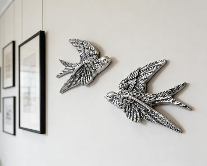 AMOIENSIS Bird Wall Sculpture Art, (Set of 2) 4¾ inch Resin Metallic Silver Bird 3D Sculpted Floating Hanging Wall Sculpture Decoration