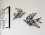 AMOIENSIS Bird Wall Sculpture Art, (Set of 2) 4¾ inch Resin Metallic Silver Bird 3D Sculpted Floating Hanging Wall Sculpture Decoration
