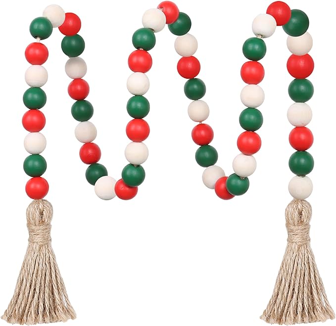 Christmas Wood Bead Garland,39in Farmhouse Beads with Tassels Tiered Tray Decor Wall Hanging Home Ornaments for Christmas Tree Decorations