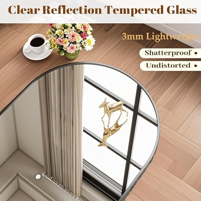 Dewfig Arched Full Length Mirror, 64"x20" Gold Mirror with Stand, Full Body Mirrors for Leaning Against or Wall Mounted, Large Floor Mirrors for Bedroom, Living Room, Black