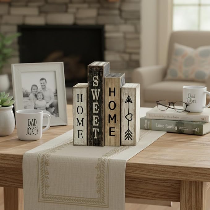 Lineshading 4 Pcs Farmhouse Table Decor Wooden Books Home Sweet Home Tiered Tray Decor Rustic Wood Block Sign Housewarming Gifts Neutral Centerpiece Farmhouse Stacked Decoration for Shelf Mantle