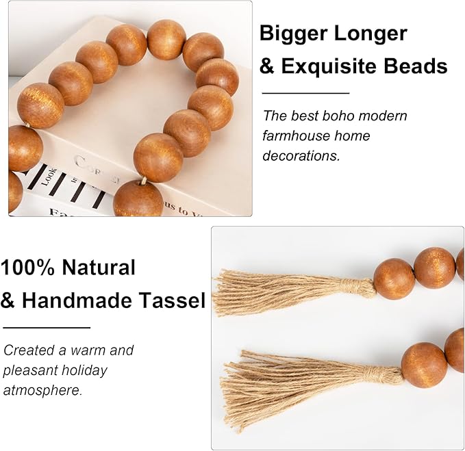 OMISHE 76" Long Extra Large Wood Bead Garland with 1.6" Diameter Wooden Beads and Tassels, Rustic Farmhouse Country Decorative Beads for Home Tiered Tray Decor, Brown