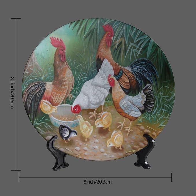 Rooster Decorative Plate Stand, 8 Inch, Rooster Hen Chicks Foraging Round Display Plate, Table Top Plate Decor with Stand, for Kitchen Living Room Office Countertop Decor