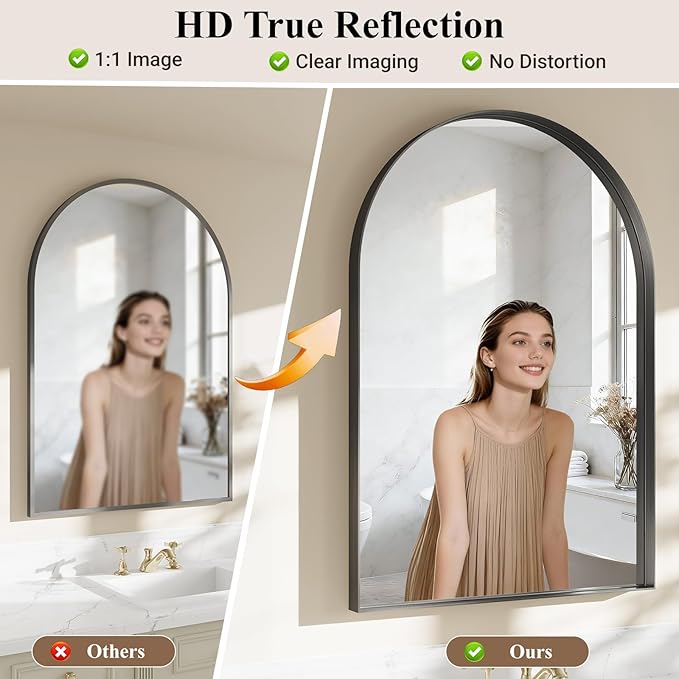 Arch Bathroom Mirror, 30"x40" Wall Mounted Vanity Mirror with Deep Frame, Tempered Glass Decor Mirror for Bathroom, Bedroom, Entryway and Living Room, Hanging or Leaning, Black