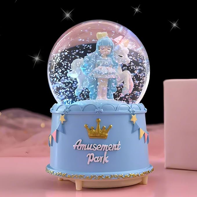 Unicorn Snow Globes for Girl,6.5IN Blue Music Snowglobes with LED Lights and Automatic Snowfall,Home Decor Glass Ball for Kids Bedroom Birthday for 5-18 Year Old Girl(6.5x4.1IN