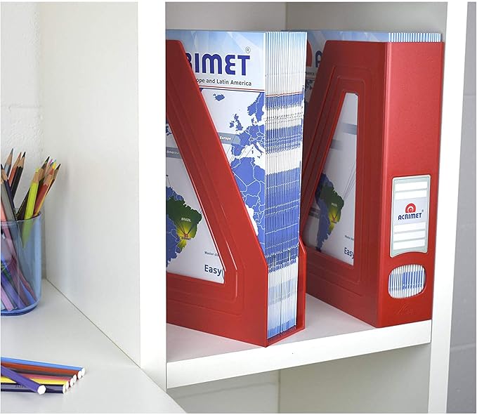 Acrimet Magazine File Holder Bin Storage, Vertical Rack for Documents, Folders and Mail, Durable Plastic Desk Organizer for Office & Home (Solid Red Color) (2 Pack)