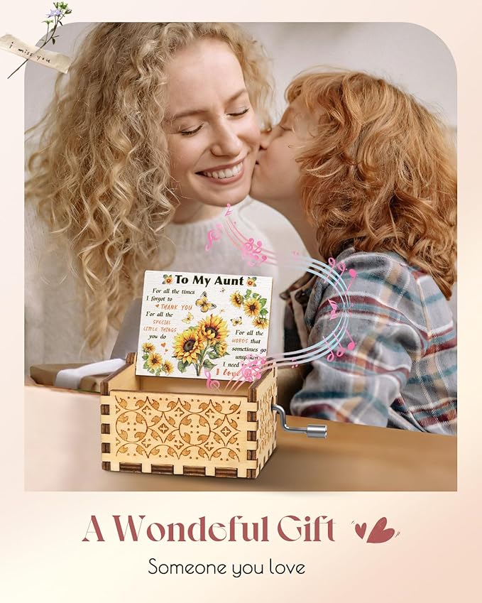 Swooflia Mother's Day Wooden Music Box for Aunt - Hand Crank Engraved Musical Box Vintage Mechanism Personalized Gifts for Mom Daughter Niece Granddaughter Grandma Friend Jesus On Birthday