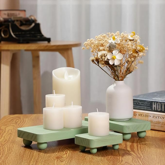 Maitys 3 Pcs Wooden Risers for Display Pedestal Stand Wooden for Decor Farmhouse Vintage Rustic Stackable Kitchen Stand Tray Riser, 3 Sizes(8 x 4.3, 6 x 3.5, 4 x 2.8 in,Green)