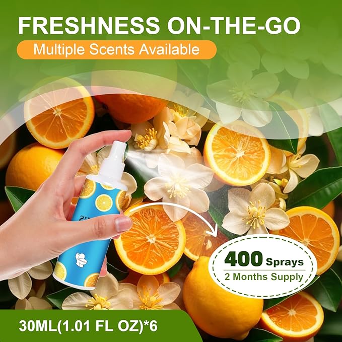 6 Pack Toilet Spray, 6-Scent Bathroom Spray, Freshener Deodorizer for Home, Bathroom Odor Eliminator with Essential Oil, Up to 400 Uses, Travel Essentials Portable Air Freshener (Each 1.01Fl Oz)