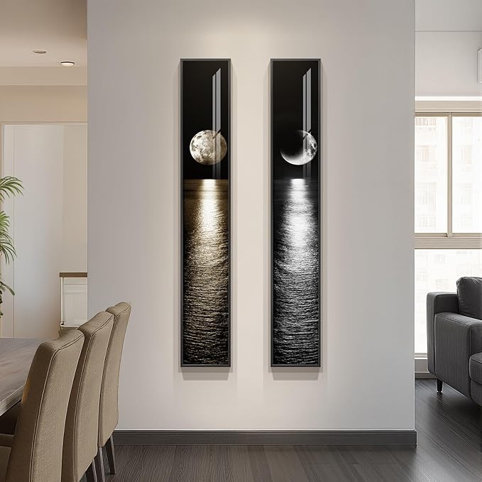 Framed Long Narrow Vertical Moon Wall Art Set of 2, Modern Black White Gold Bright Art Prints Paintings, Night Sea Landscape Pictures for Living Room Entryway Hallway Dining Room Bedroom Wall Decor