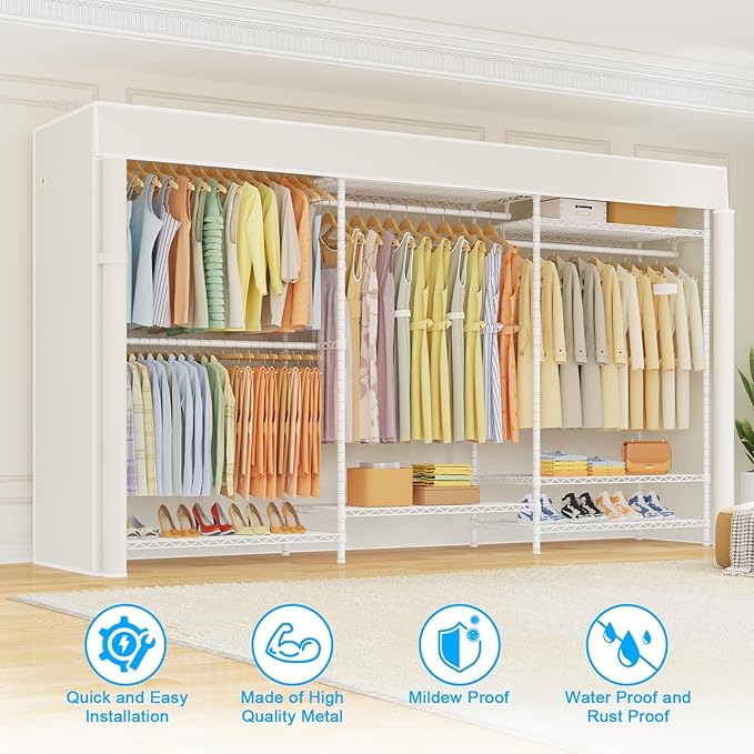 Ulif E13C Max Heavy Duty Closet Organizer System，Freestanding Clothing Racks for Hanging Clothes，Adjustable Garment Rack 86" W x16 D x77 H Hold 1100 lbs，White Rack with White Dustproof Cover