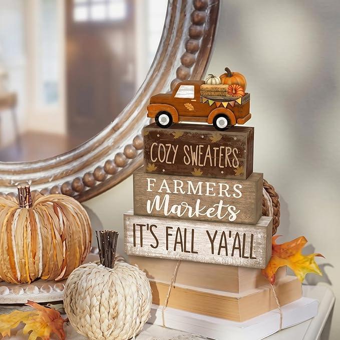 Lineshading 4 Pcs Fall Table Decoration for Home Fall Truck Decor Thanksgiving Tiered Tray Decor Rustic Wooden Pumpkin Truck Block Sign Thanksgiving Centerpiece Autumn Decorations for Harvest Party