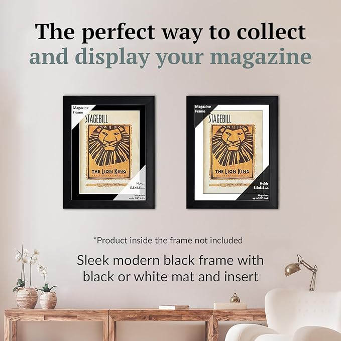 Creative Picture Frames 5.5 x 8.5 Magazine Theatre Show Frame with Full-Strength Glass, Holds Up To A 1/4" Thick Media with Installed Hangers for Easy Mounting, 8x10 Black Frame with Black Mat