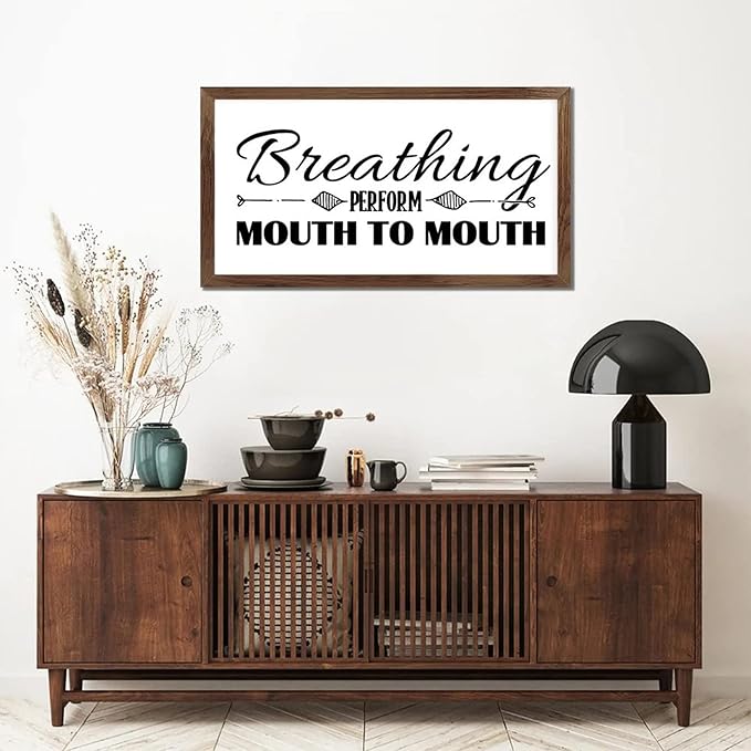Family Lettering 12x22in Wood Framed Sign with Encouragement Quote Breathing Perform Mouth to Mouth Apricot Frame Wooden Plaque Housewarming Gift for Cottage Office Farmhouse Porch Wall Decor