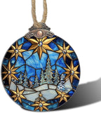 DASTOLL Stained Glass Christmas Decorations, Golden Stars White Snow Scene Suncatcher for Window Christmas Tree Hanging Ornaments Blue Sun Catcher Xmas Decor Gifts for Women Men Mom Nana Friend