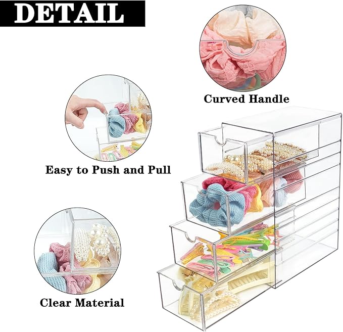 Clear Acrylic 4 Drawers Storage Organizer for Hair Accessories Organizing Stackable Containers Box for Cosmetics Jewelry Stationery Storage Organization Drawers Set (Acrylic 4 drawers)