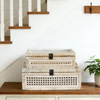 DECOR4SEASON Rattan and Cane Stacking Boxes with Glass Top Lid - Set of 2 11.8" and 14.1", for Boho and Rustic Farmhouse Decor, White Wash