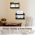 MyGift Set of 2 Rustic Burnt Wood and Matte Black Metal Wall-Mount Magazine Racks – Industrial Style Display Holders for Mail, Books, and Documents
