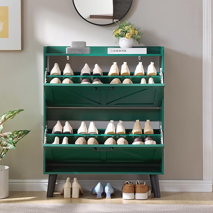 LEYAOYAO Shoe Storage Cabinet with 2 Flip Drawers，Narrow Shoe Storage Cabinet Organizer with Legs for Entryway Hallway, Living Room, Bedroom，Hidden Slim Storage Narrow Shoe Rack Cabinet,Green
