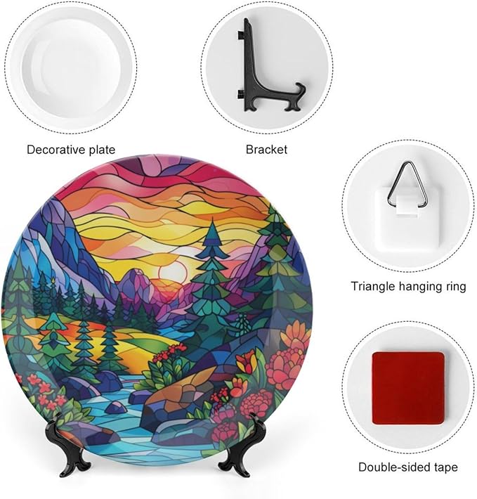 Stained Glass Theme Decorative Ceramic Plate Round Porcelain Plate,6 inch,Sunset Forest Stream Pattern,for Decorative Ornaments Giving Plates, 1 Plate with 1 Display Stand,Multicolor