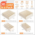 Criusia 6 Pack Sock Underwear Drawer Organizer Dividers, 58 Cell Foldable Fabric Dresser Closet Organizers and Storage Bins for Clothing, Baby Clothes, Bra, Panty, Scarf, Ties (Beige)