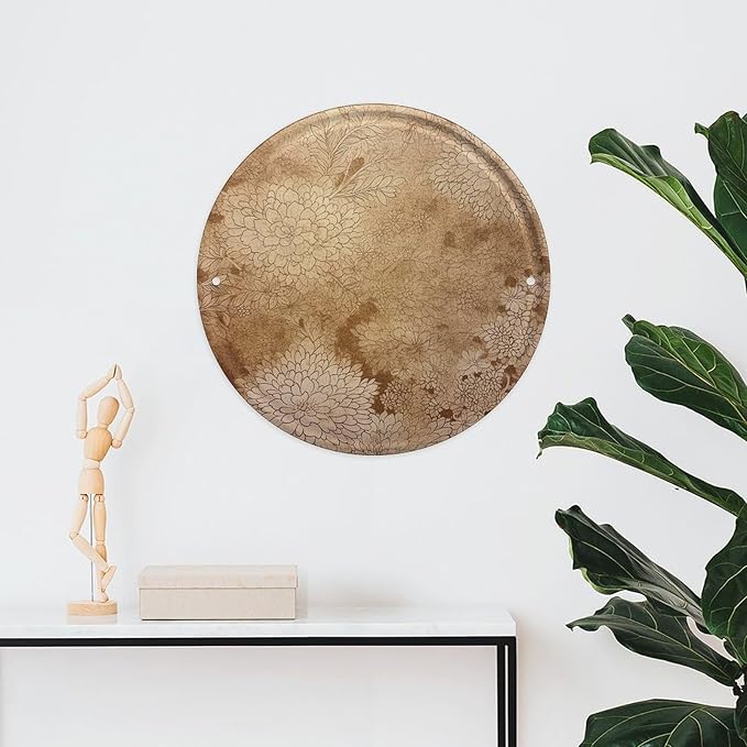 Wall Picture, with Golden Floral Design Printed Circular Iron Hanging Picture,Wall Art Decor,Home for Bedroom Living Room Bathroom Decor,Iron Painting 11.8X11.8 in