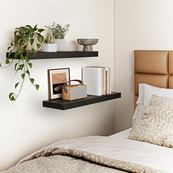 Fixwal Black Floating Shelves for Wall, 22" Long Wall Mounted Rustic Wood Shelves for Living Room, Bedroom, Bathroom and Kitchen, Wall Shelves for Storage, Books, Room Decor Set of 2