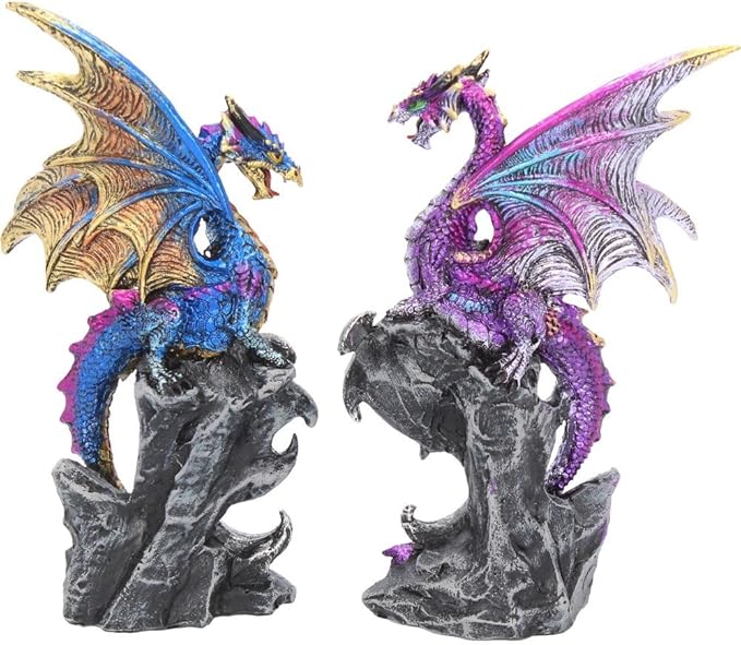 Nemesis Now Realm Protectors Dragon Figurines, Set of Two, Hand-Painted Resin, Fantasy Crystal Ornaments Collectible Decor, 15cm