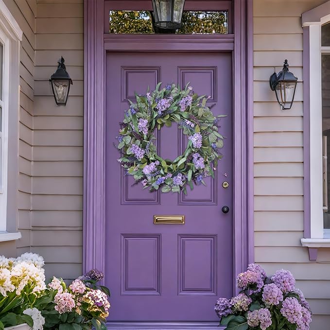 24-Inch Lavender Wreath for Front Door, Purple Hydrangea Wreath with Eucalyptus, Artificial Spring and Summer Floral Wreath for Indoor Outdoor Walls, Windows, and Home Year-Round Display