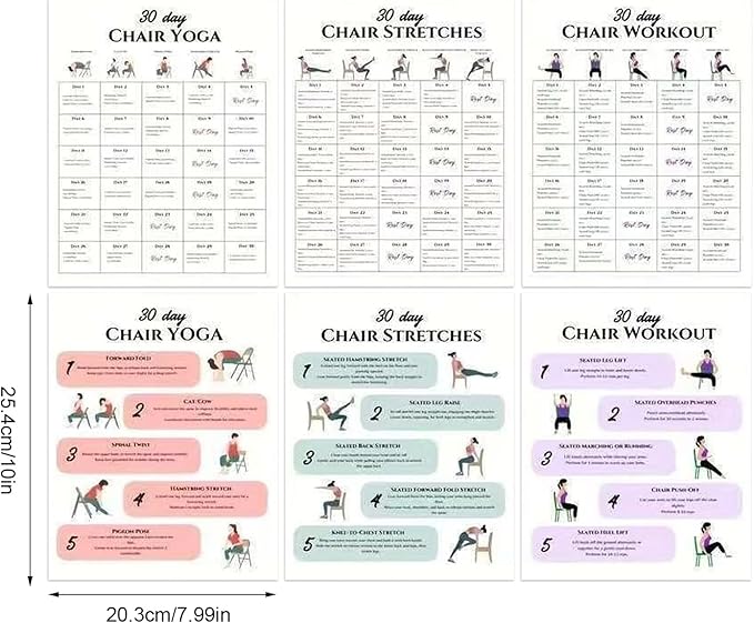 Chair Yoga Program - 30-Day Workout Set | 6-Piece Exercise Kit with Instruction Book, Ideal for Morning Routine Travel Gym Beginners Family Friends Sports Athletes Body Flexibility Strength Building