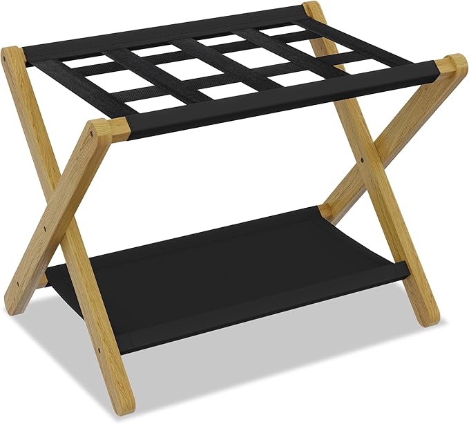 Heybly Luggage Rack, Folding Suitcase Stand with Storage Shelf, Heavy-Duty Luggage Holder for Guest Room Bedroom Hotel, Holds up to 165 lb, Natural, HLR010N1