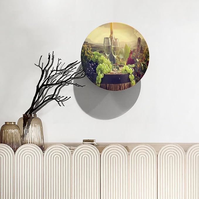 Decorative Plates, 6 Inch, Green Grapes Wine Bottle Glass Cups Round Display Plate, Home Wobble-Plate with Display Stand, for Wall Hanging Living Room Bathroom Decor Gift