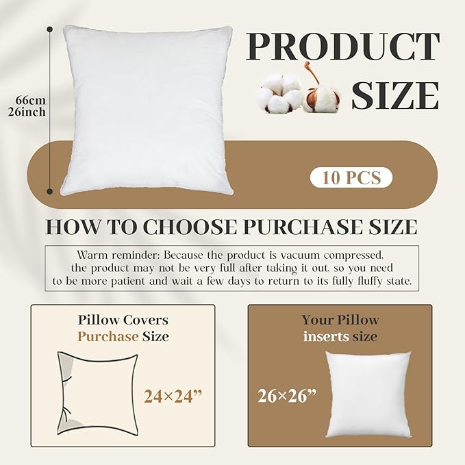 Soaoo Set of 10 Fluffy Throw Pillows Insert Bulk 26 x 26 Inches White, Filled in 400g Polyester Fiber, Decorative Square Pillows for Couch Sofa Bed and Party Supplies