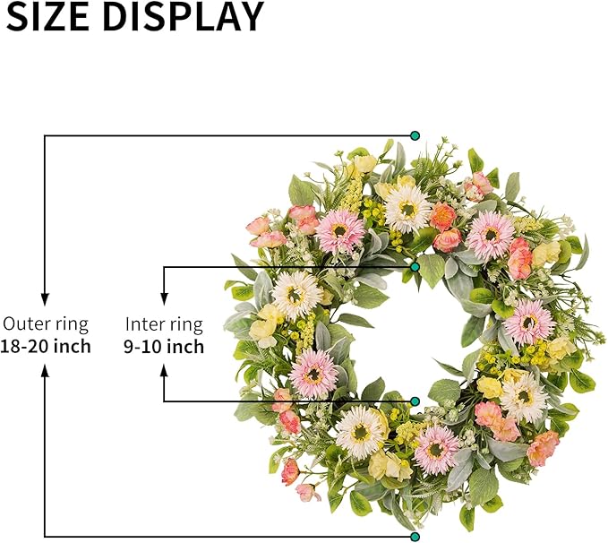 20 Inch Spring Wreaths for Front Door, Artificial Pink Gerbera Daisy & Yellow Rose Floral Wreath with Lamb's Ear Leaves & Greenery, Farmhouse Summer Wreath for Wall Window Porch Home Decor