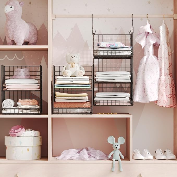 5 Tier Closet Hanging Organizer and Storage Separable Hanging Closet Shelves with 4 Hooks 2 Adjustable Dividers, Wire Storage Basket Bins for Clothing Sweaters Socks Dolls Handbags, Foldable