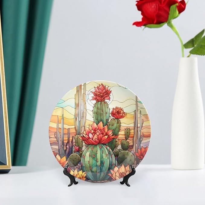 Cactus & Colorful Sky Stained Glass Design Decorative Plates Home Decor Ceramic Plates, Dinner Plates Display for Living Room, Kitchen, Hallway Console Side Table, Presents for Cactus Lover, 6 Inch