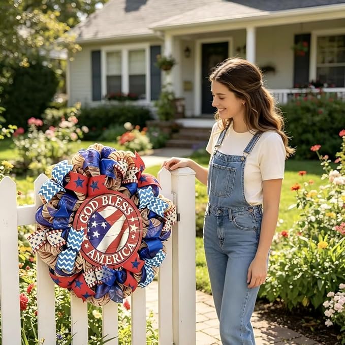 4th of July Decorations Outdoor Patriotic Wreaths for Front Door 250th Anniversary Decorations Red White and Blue American Flag Wreath (God Bless America 3)