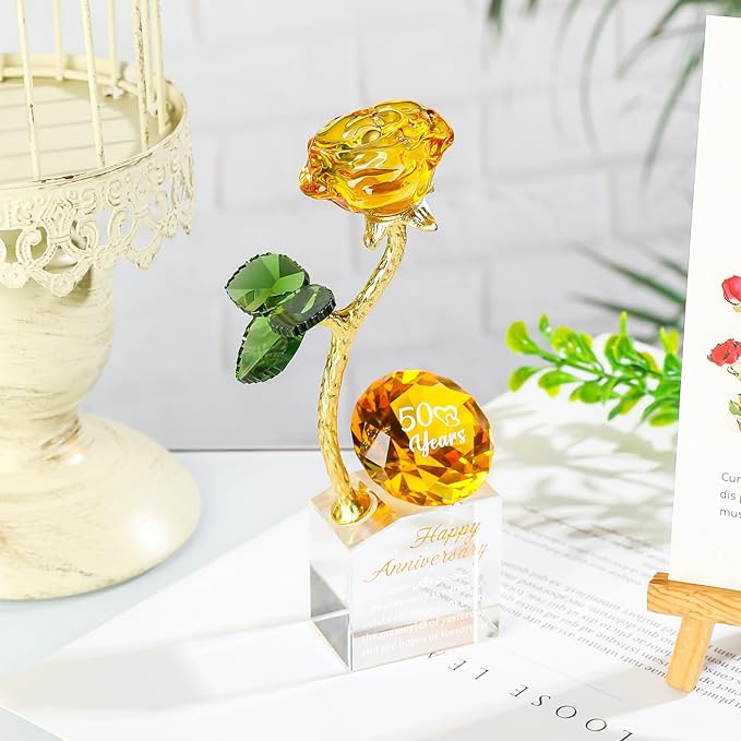 YWHL 50th Wedding Anniversary Rose Gifts for Parents Grandparents, 50 Years Happy for Couples, Crystal Rose Figurine with Amber Diamond, Romantic Valentines Day Present for Wife