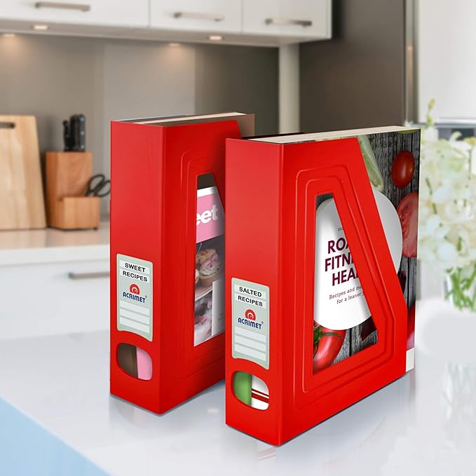 Acrimet Magazine File Holder Bin Storage, Vertical Rack for Documents, Folders and Mail, Durable Plastic Desk Organizer for Office & Home (Solid Red Color) (2 Pack)