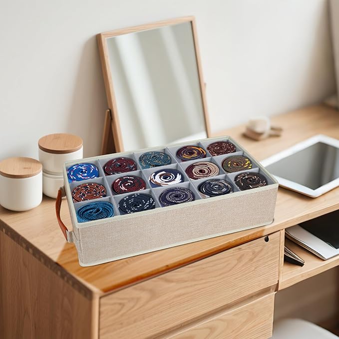 Belt Organizer for Closet, Tie Storage Organizer Bins with 15 Compartments Drawer Organizer, Linen Closet Organizers Storage Box for Socks, Bras, Briefs, Ties, Belts