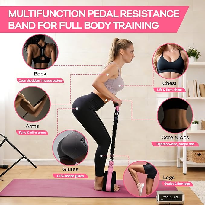 Multifunction Pedal Resistance Band with Handle, 3 Tube Adjustable 30/40/50LB Foot Pedal Puller Resistance Bands with Poster, Extended Length Tension Rope for Men Women Full Body Workout Home Gym