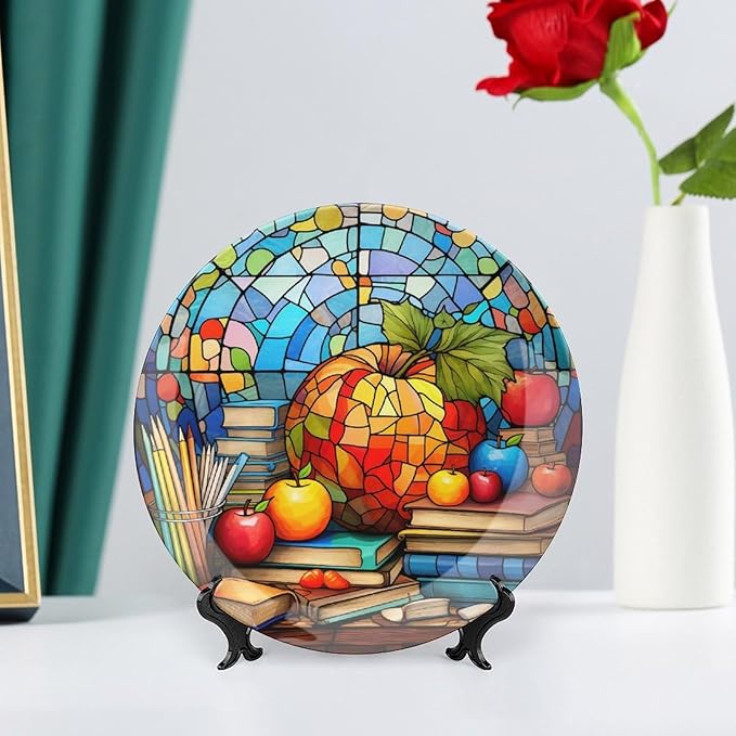 Decorative Plates for Home Decor, Back to School Stained Glass Painting Decor Tray for Table Display, Ceramic Dinner Plate W/ Stand, Living Dining Room Decor, Gifts for Teacher Or Student, 8 Inch