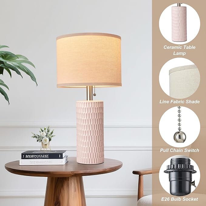 Reaketon 20.5" Modern Ceramic Table Lamps for Bedroom Set of 2, Bedside Lamps for Night Stands with Beige Lampshade, Farmhouse Table Lamp for Living Room Office Dorm, Pink