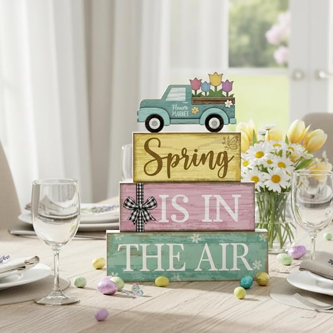 Moucuny 4 Pcs Spring Table Decor Wooden Blue Truck Decoration Flower Centerpiece Spring Tiered Tray Decor Decorative Colorful Flower Block Signs Gift Farmhouse Decoration for Home Kitchen